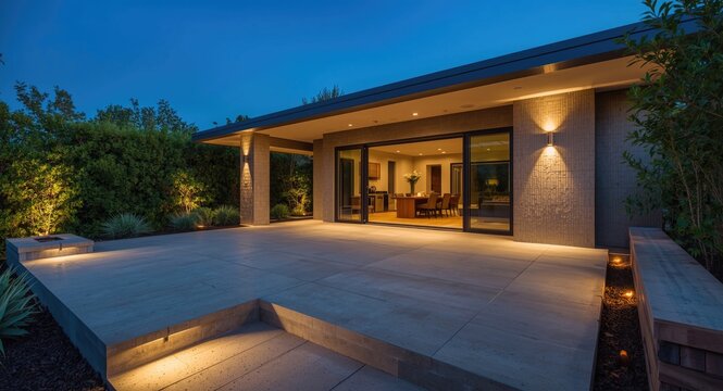 Modern home upgrade featuring open concrete deck patio and soft decorative exterior lights