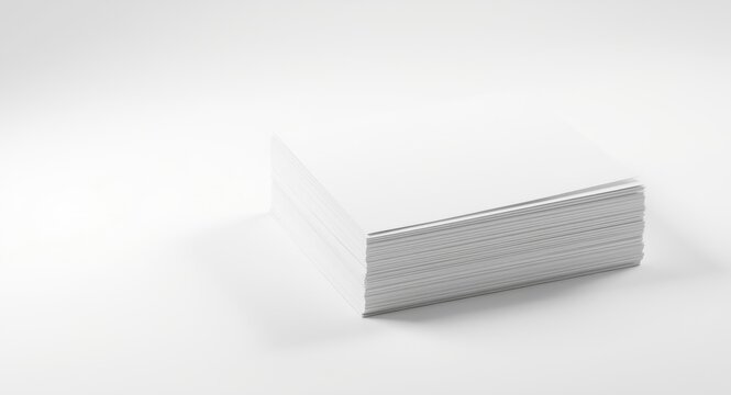 A thick stack of blank white paper displayed on a flat white surface with diffused light
