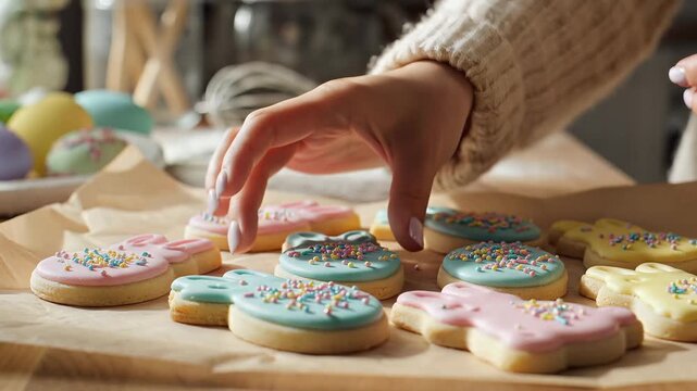 Hand decorating Easter cookies with colorful icing and sprinkles on parchment paper.
