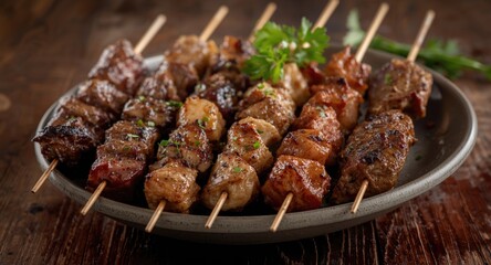 Smoked barbeque platter with various grilled meat skewers served as an appetizer