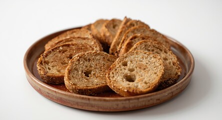 Fototapeta premium Ceramic platter featuring toasted whole grain bread slices against white background