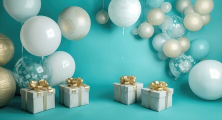 Fototapeta premium Bright birthday party invitation accented with white and gold balloons and gift boxes on a lively teal background
