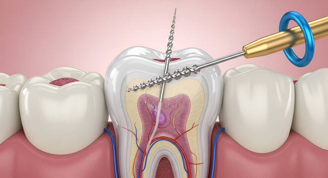 Dental root canal procedure with drill and tooth anatomy