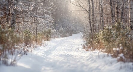 Obraz premium Snow-covered forest path with birch and new pine growth