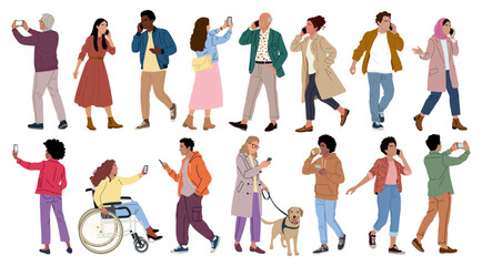 Obraz na płótnie Canvas Flat illustration of diverse men and women using smartphones, calling, texting, taking photos. Modern lifestyle concept isolated on transparent background