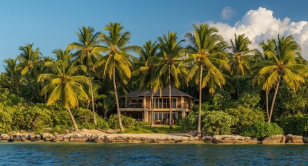 Obraz premium Ocean shoreline scene with a home surrounded by a vibrant palm palm forest