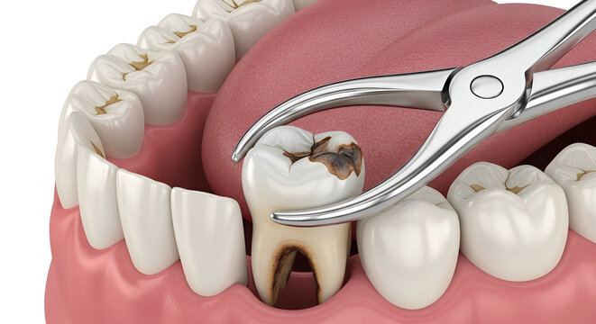Dentist extracting decayed tooth with forceps in dental procedure