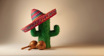 Fototapeta premium Mexican themed cactus pinata wearing festive hat and maracas on smooth white backdrop