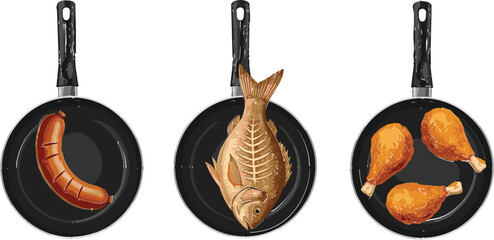 Fototapeta premium Cooking Sausage, Fish, and Fried Chicken in Frying Pans for Food, Cooking, and Culinary Designs