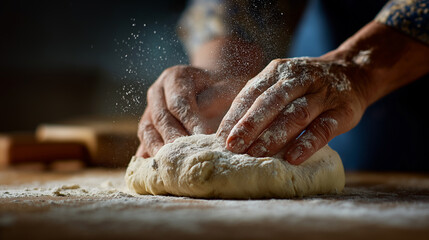 Hands kneading fresh dough on floured wooden table in warm kitchen environment.