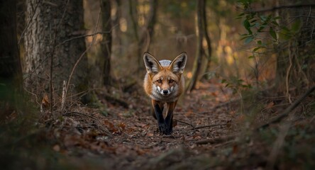 Obraz premium Nocturnal fox with extra large ears on the move in a guarded forest environment