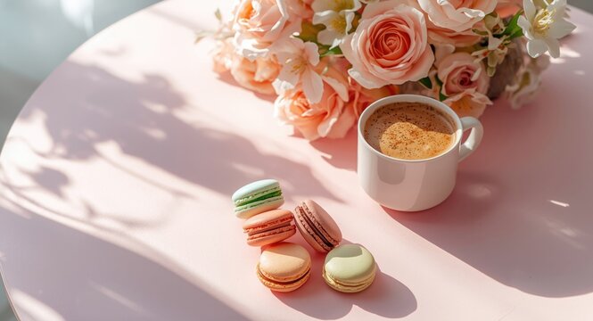 Pink table flat lay showcasing a joyful morning coffee break with macarons and a floral touch for her