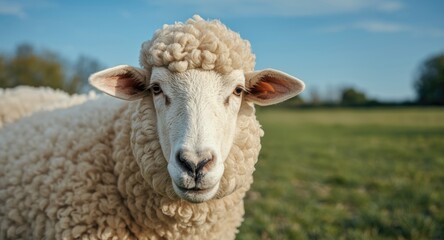Fototapeta premium Detail of a peaceful white sheep's soft coat in a countryside farm area