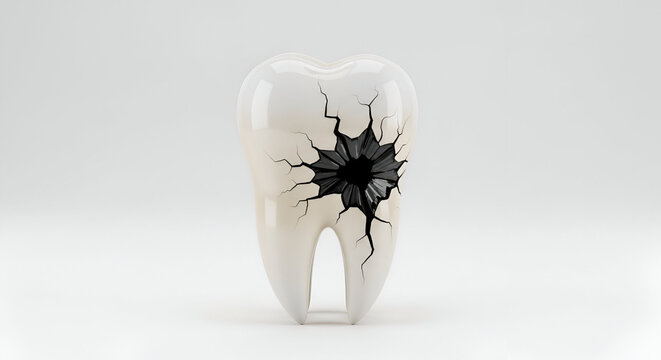 Damaged tooth with large crack and black hole