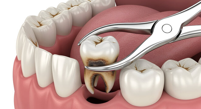 Dental extraction with forceps on decayed molar tooth