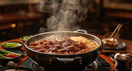 Fototapeta premium Hearty Sukiyaki Hot Pot with Beef and Tofu in Japanese Restaurant
