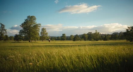 Naklejka premium Wide green meadow and tree clusters embodying the theme of solo travel adventures