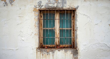 Fototapeta premium Textured white wall with corroded window frame and a glimpse of turquoise glass