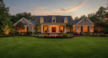 Fototapeta premium Charming luxury home glowing in the evening with fresh green lawn and artistic landscape elements including an enclosed porch