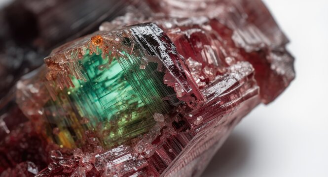 Macro photography capturing the texture and color of tourmaline on white