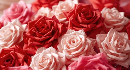 Fototapeta premium Decorative origami roses in multiple colors for Valentine's themed display with copy space