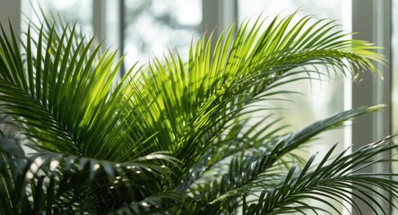 Obraz premium Calm setting with vibrant green palm foliage illuminated by sunlight and room for text