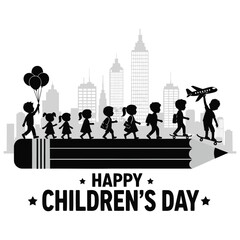 Children celebrating with balloons and toys on a pencil.