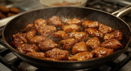 Pan frying meat close up on stove top, essential for many fast food meals