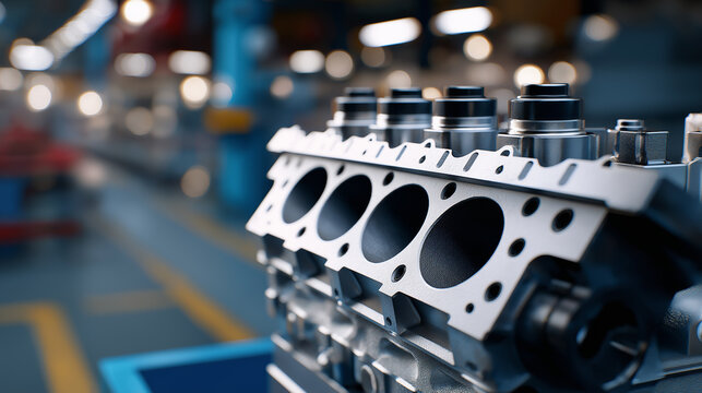 Automotive engine block on factory production line in modern industrial manufacturing facility.