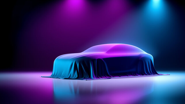 Luxury car covered with purple fabric under neon studio lights, symbolizing exclusive vehicle launch reveal.