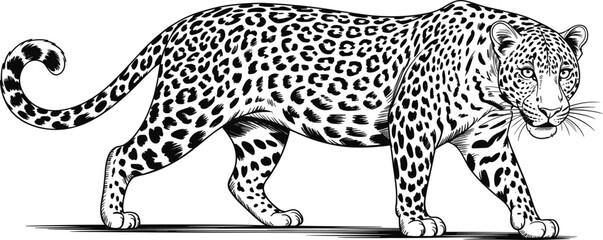 Hand drawn black and white leopard illustration walking side view isolated on white background for adult coloring book pages animal wildlife vector art engraving style © SUSHANTO