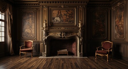 Fototapeta premium Exquisite vintage room highlighting aristocratic fireplace and copy space