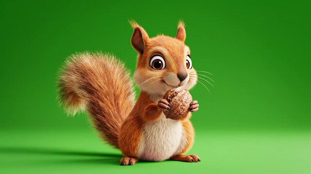 Cute cartoon squirrel animated character happily enjoying a walnut snack with a green backdrop.