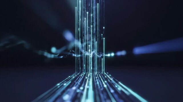 Abstract digital stream of glowing blue particles flowing upwards in a dark, futuristic environment