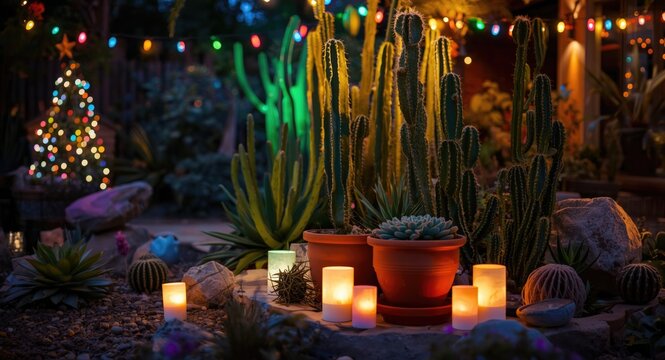 Holiday cactus garden illuminated by Mexican style lights and glowing luminarias