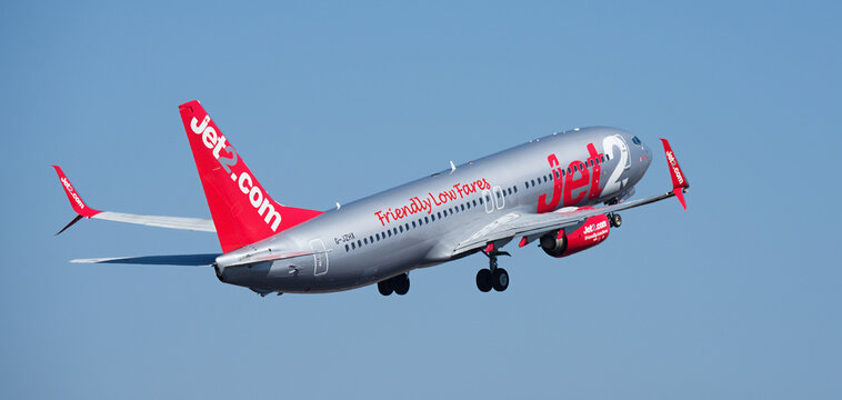 Tenerife, Spain february 20st, 2026. Boeing 737-8MG Jet2 airlines, flies in the blue sky. Takeoff at Tenerife Airport. Retracting the landing gear