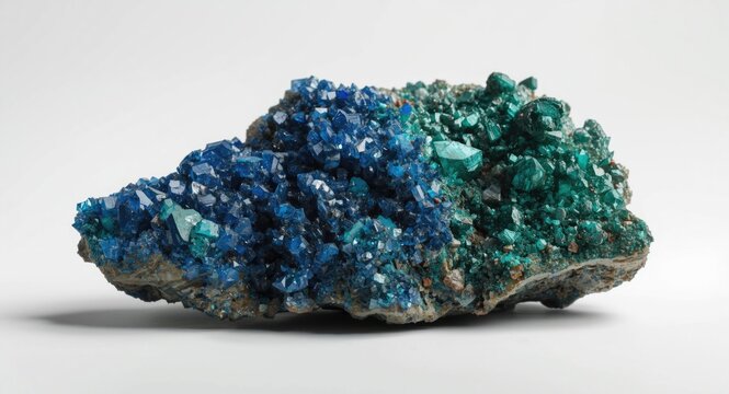Unprocessed azurite and malachite mineral close up isolated on white plain backdrop