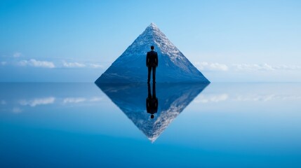 Fototapeta premium market outlook, economic forecast, risk management, Strategic Risk Management in Market Forecasting: Glass Pyramid Reflecting Dual Realities with Executive Figure