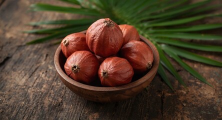 Sugar palm fruit Kolang kaling arranged in wooden bowl on rustic surface with tropical foliage