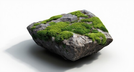 Natural stone with fresh green moss on white surface including clipping path