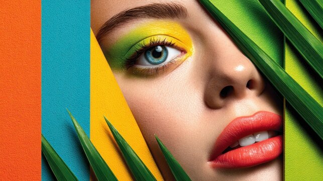 Young woman with vibrant makeup peering through palm leaves and colorful paper panels with bold tropical lighting artistic shadows and contemporary fashion editorial mood