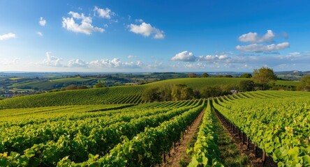 Naklejka premium Wide angle of green vineyards on sloping terrain