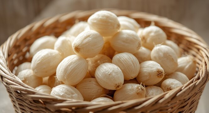 White silkworm cocoons collected fresh for natural silk fiber manufacturing