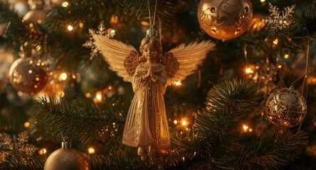 Naklejka premium Beautifully dressed Christmas tree showcasing a retro angel ornament surrounded by glowing golden decorations