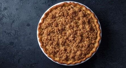 Top down shot of apple pie featuring crumb topping inside white springform pan against dark textured backdrop