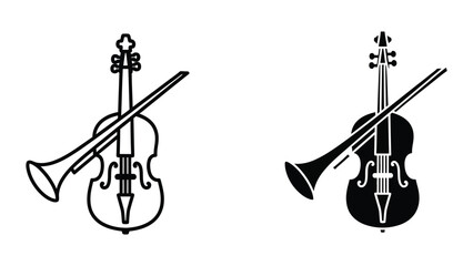Black and white illustration of two violins with trumpets © Jahidul