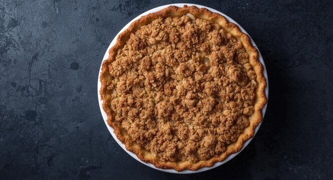 Top down shot of apple pie featuring crumb topping inside white springform pan against dark textured backdrop