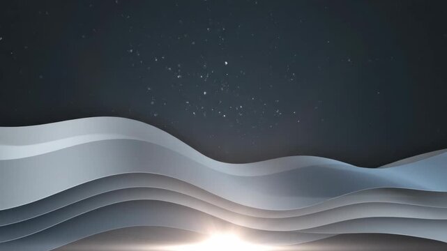 A Futuristic Abstract Landscape Featuring Silver Waves Under A Starry Night Sky With A Bright Light Bursting Through The Horizon