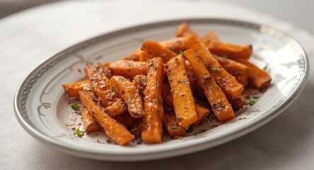 Golden sweet potato sticks seasoned and arranged on an elegant platter