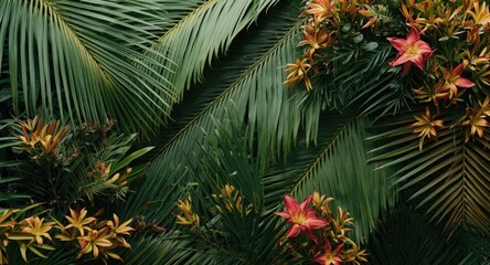 Naklejka premium background texture of layered palm leaves and vibrant tropical seasonal foliage